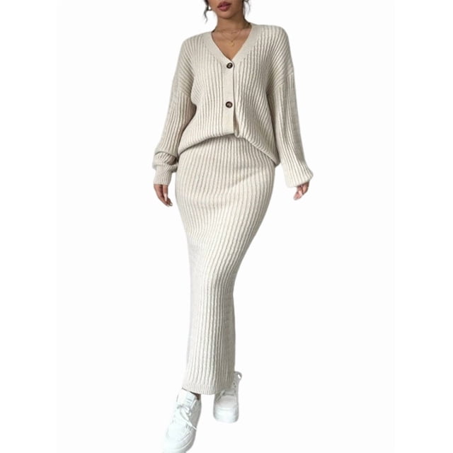Conjunto de Dos Piezas para Mujer: Suéter de Punto de Larga, Abrigo Abotonado, Top y Falda Larga Ajustada, Ropa de Otoño. Albaricoque S