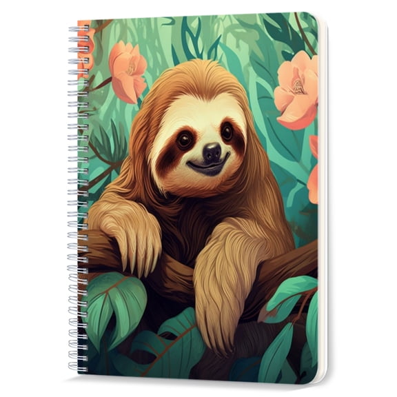 Spiral Notebook,Double-Wire Spiral College Lined Journal Notebook for Study and Notes,100 Pages,5.71x 8.26 in - Smiling Sloth in Lush Tropical Jungle with Flowers