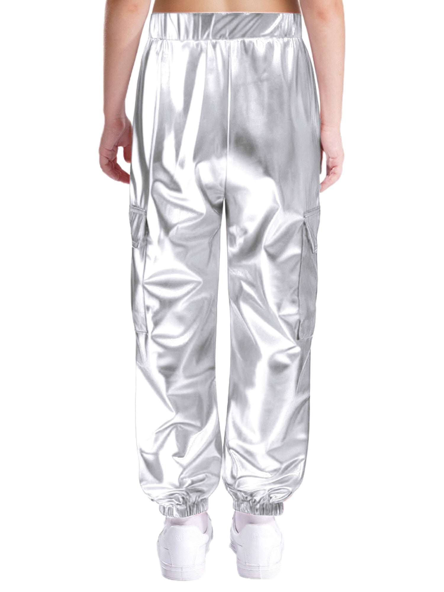 CHICTRY Shiny Holographic Cargo Pants Girls Boys Jazz Hip-Hop Street Dance Wear Trousers with Pockets Silver 10