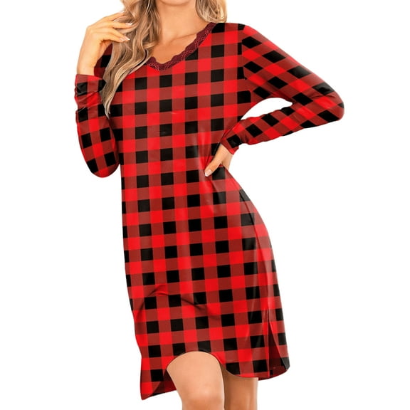 Avidlove Women's Long Sleeve Nightgowns Sexy Lace V Neck Nightshirt Soft Nightdress Side Slit Sleepwear