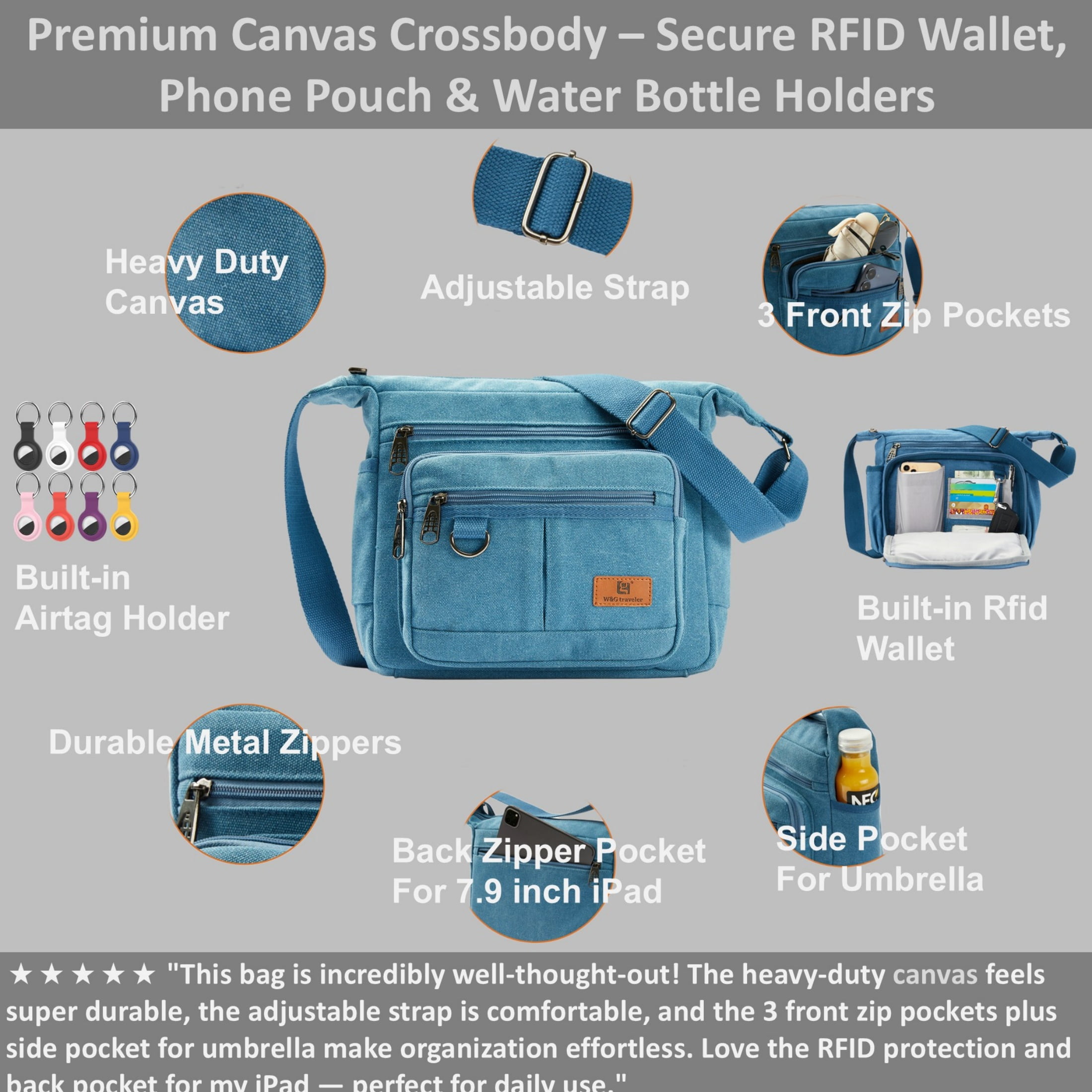 Crossbody Messenger Bag for iPad Pro 12.9 inches, Rfid Shoulder Purse w/Water Bottle Holders, 13 inch Laptop Briefcase, Built-in Wallet With AirTag Case Blue
