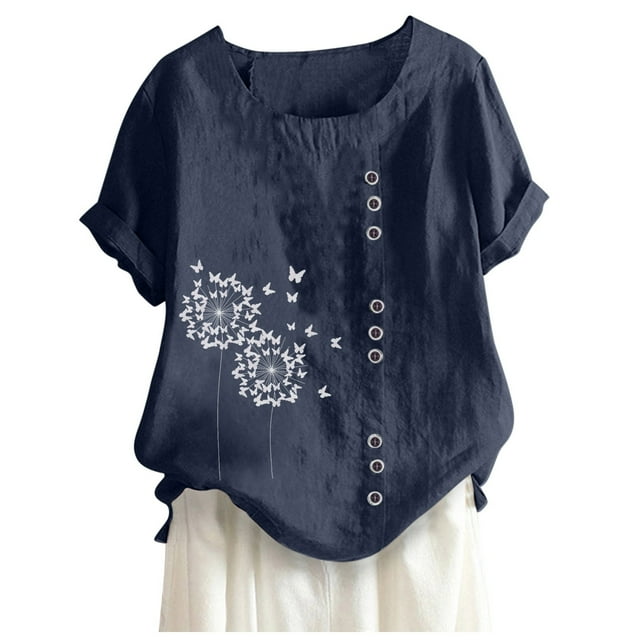 RKSTN Women Shirts Short Sleeved Casual Plus Size Tops Round Neck Printed Loose Button Cotton Linen Blouse
