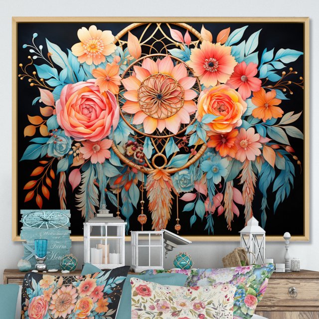 Designart art Mural Encadré Corail Traditionnel Naturel, Attrape-Rêves Encadré art Mural, Rêves en Corail Attrape-Rêves, Décoration Murale Encadrée Attrape-Rêves, 20x12 Pouces Cadre Couleur Brun Naturel