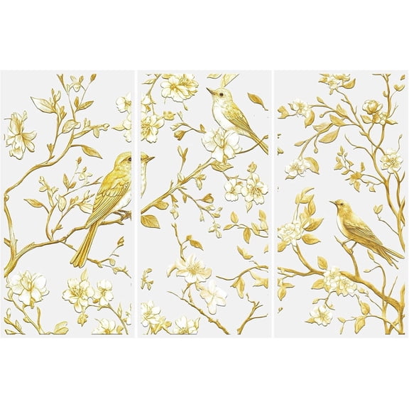 Rub on Transfers for Crafts, 3 Sheets Gold Bird Flower Tree Rub on Transfer Sticker Decals Waterproof Furniture Transfer UV DTF for Glass Wood Home Decor