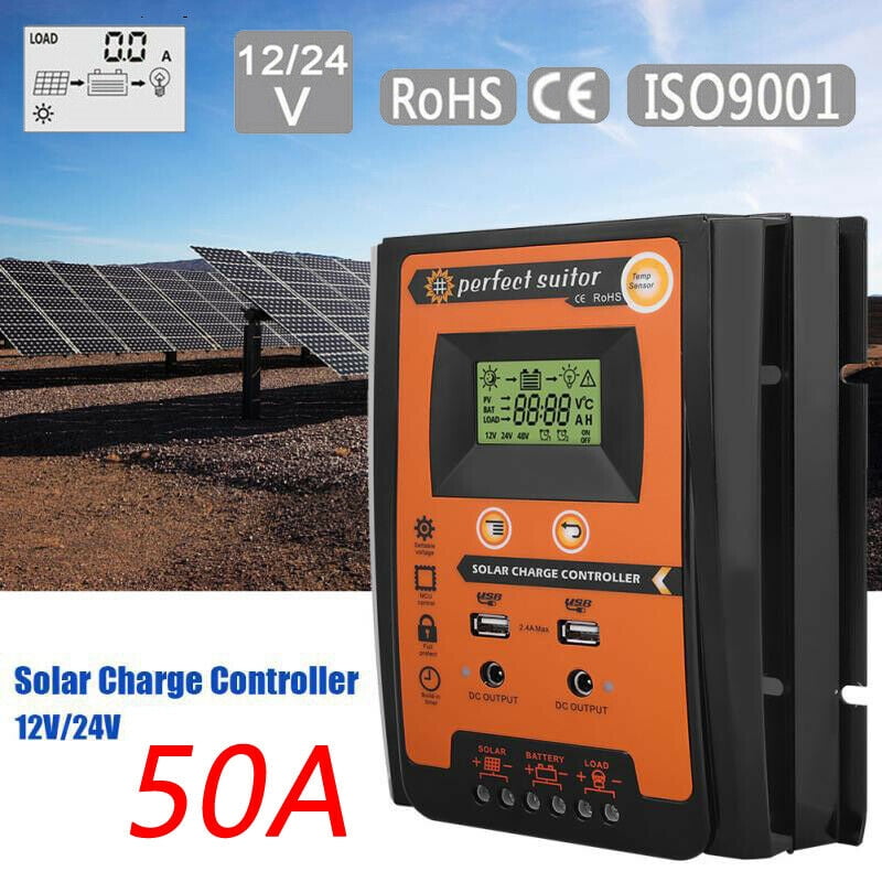 10-60A Solar Panel Battery Regulator Charge Controller 12/24V Auto With Dual USB 