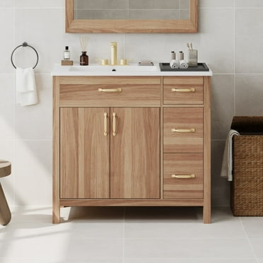 YINGYING 36" Bathroom Vanity with Solid Wood Frame, Bathroom Vanities with  2 Soft Close Doors &  Adjustable Shelf Freestanding Bathroom Storage Cabinet