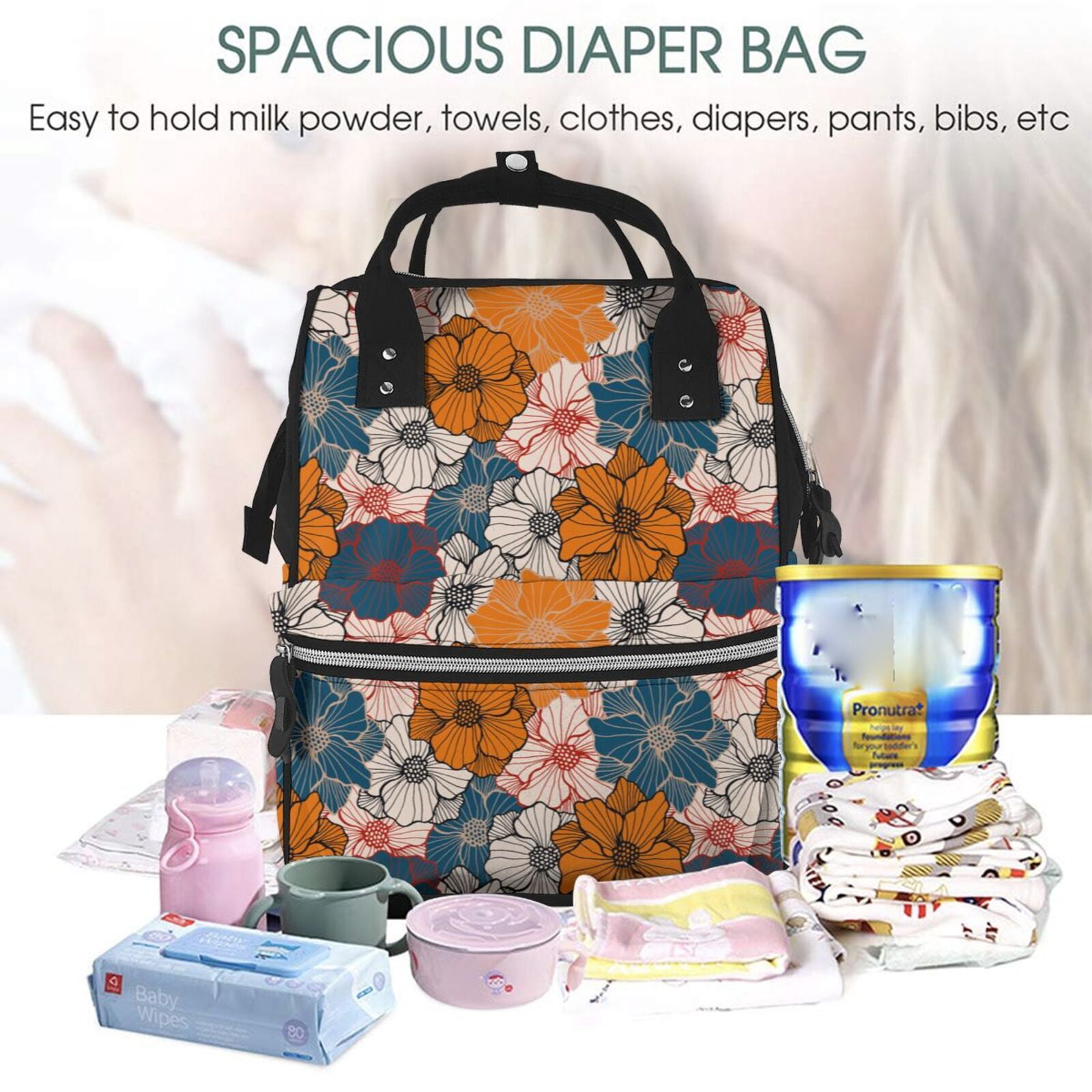 Fuzoiu Whimsical peony blossom Print Diaper Bag Backpack,Baby Essentials Travel Tote,Multi function Waterproof Diaper Bag, Travel Essentials Baby Bag - Unisex
