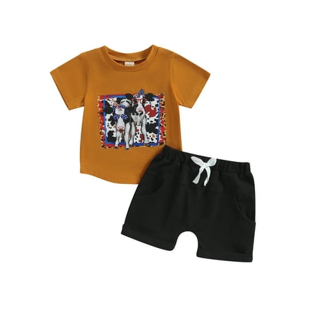 

Toddler Boys Clothes Sets Cow Patchwork Print Short Sleeve T-shirts Solid Pocket Shorts Tracksuits
