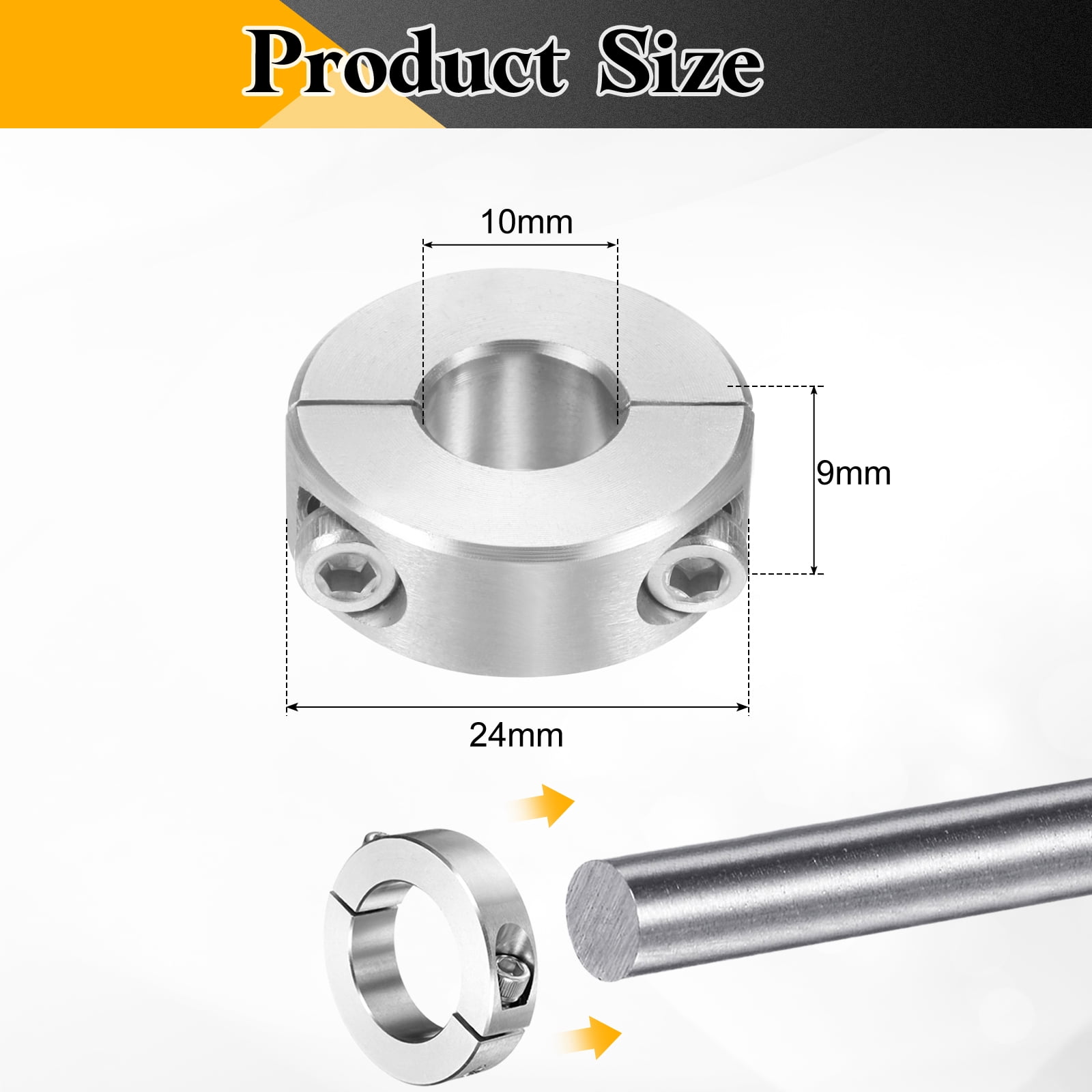 Uxcell 4 Pack Double Split Shaft Collar 10mm Bore, Two Piece Clamping Collar 24mm OD 9mm Thickness, 304 Stainless Steel Set Screw Split Collar