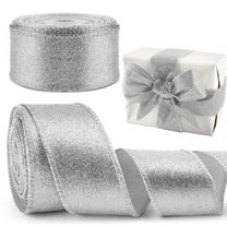 2 Rolls 20 Yards 2.5 Inch Christmas Ribbon,Bexikou Metallic Glitter Ribbon with Wired Edge,Decorative Fabric Ribbons for Party Wrapping Home Decorations Wedding Birthday DIY Crafts (Silver)