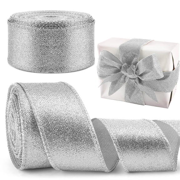 2 Rolls 20 Yards 2.5 Inch Christmas Ribbon,Bexikou Metallic Glitter Ribbon with Wired Edge,Decorative Fabric Ribbons for Party Wrapping Home Decorations Wedding Birthday DIY Crafts (Silver)