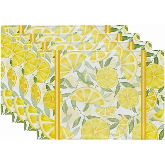 Lemon Summer Placemats 12x18 Inch Set of 4 Yellow Stripes Spring Table Mats Farmhouse Rustic Holiday Kitchen Dining Table Decoration for Indoor Outdoor Dinner Party Décor GP077