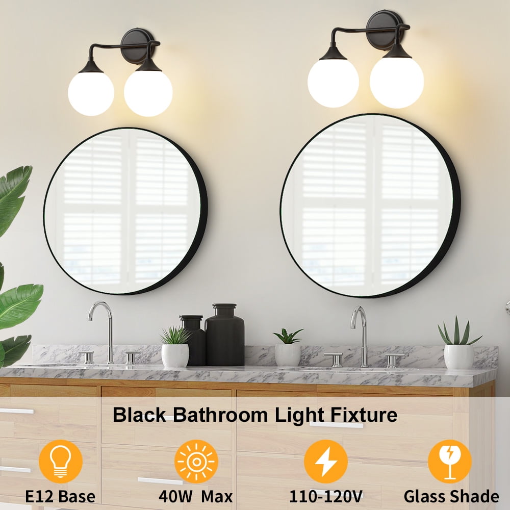 Deyidn 2-Light Black Modern Vanity Light, 14 Inch Dimmable Bathroom Light Fixture with Opal Glass Globes for Mirror