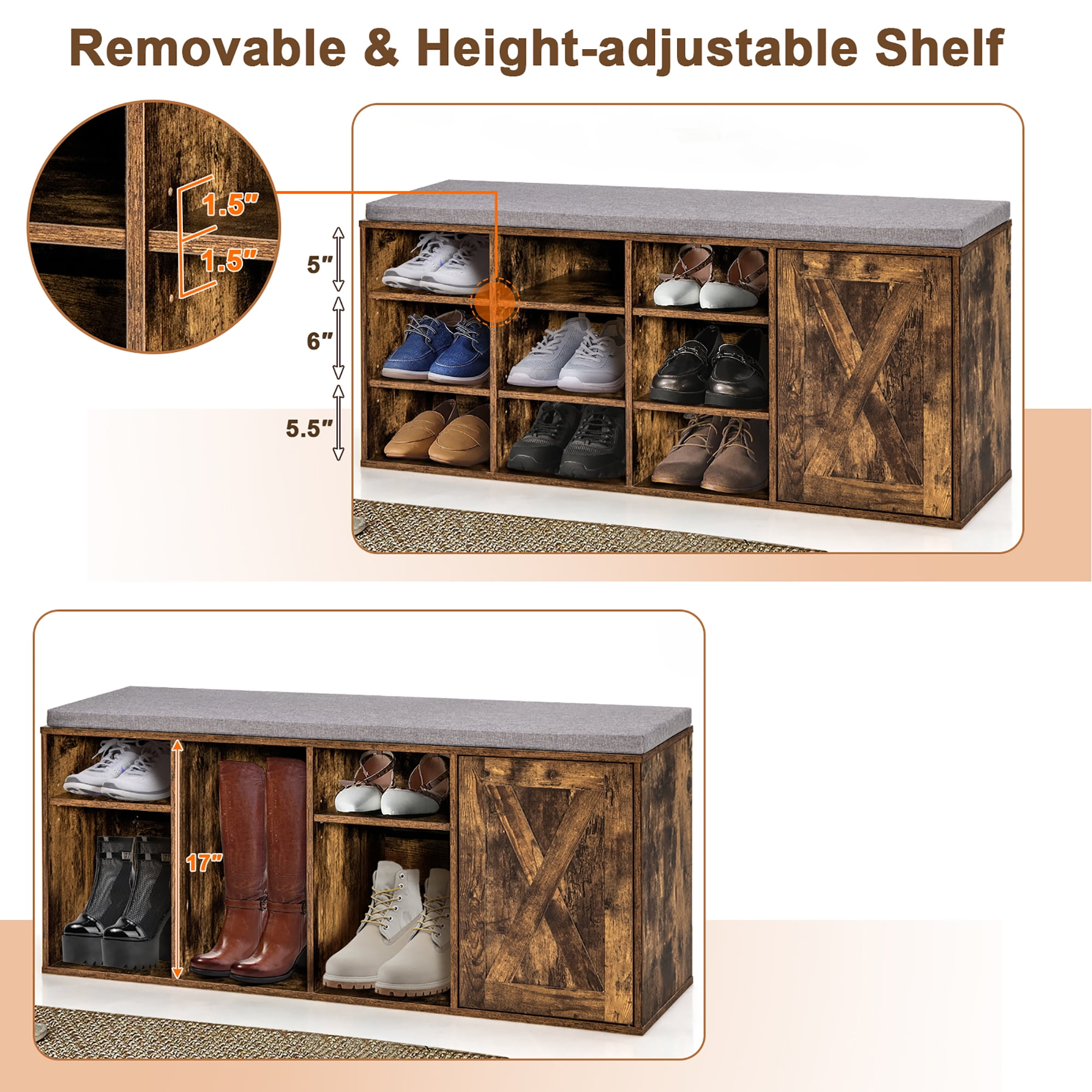 Costway Shoe Bench w/Padded Cushion 9-cube Adjustable Storage Shoe Rack Rustic Brown