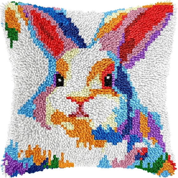 Rabbit Latch Hook Pillow Kits for DIY Throw Pillow Cushion Embroidery Latch Hooking Pillowcase Kits with Preprinted Canvas Crochet Yarn Kits for Home Decor 17''X 17''(C191)