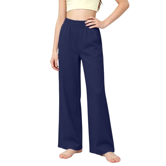 nerohusy Kids Wide Leg Pants Girls Elastic High Waisted Sports Pants Casual Solid Full Length Leg Pants with Pockets 7-8 Years