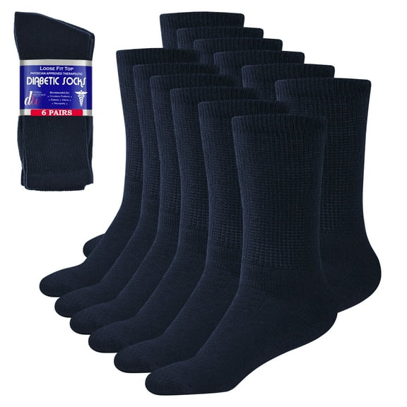 Debra Weitzner Diabetic Socks For Men and Women Loose Fit Non-Binding Cotton Crew Socks 10/13 Navy 6 Pairs