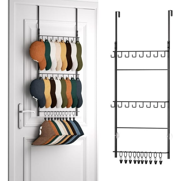 Over Door Hat Rack - 3 Tier Wall Mounted Hat Organizer with 16 Hooks and 10 Movable Clips, Baseball Cap Organizer Storage Holds up to 26 Caps for Door, Bedroom, Closet USPTO Patent Pending