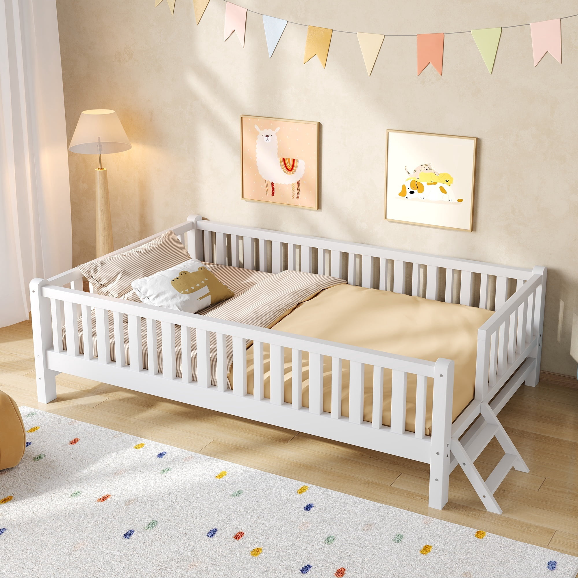 Euroco Wood Twin Size Platform Bed with Guardrail, White
