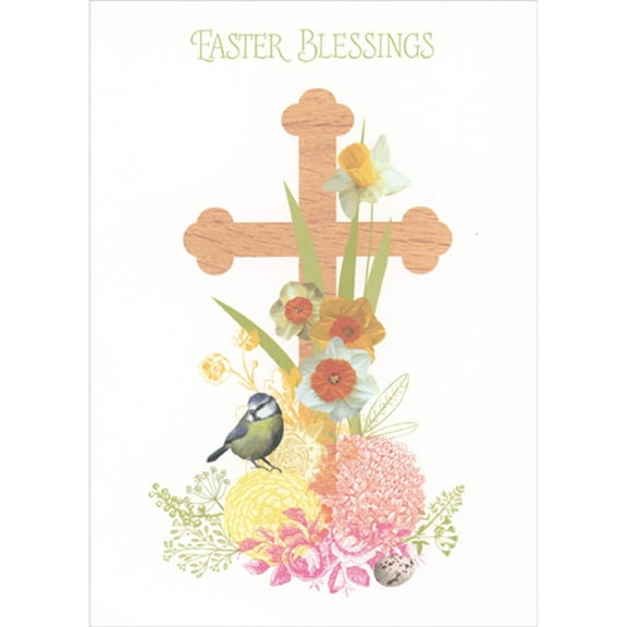 RSVP Bird Perched on Flowers In Front of Light Brown Cross Religious Easter Card