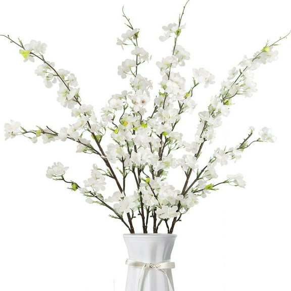 3 Pcs Cherry Blossom Branches Artificial Plants Flowers Faux Silk Cherry Blossom Stems Silk Plum Blossom Fake Flowers Vase Arrangements for Wedding Home Decor,White 42 inch