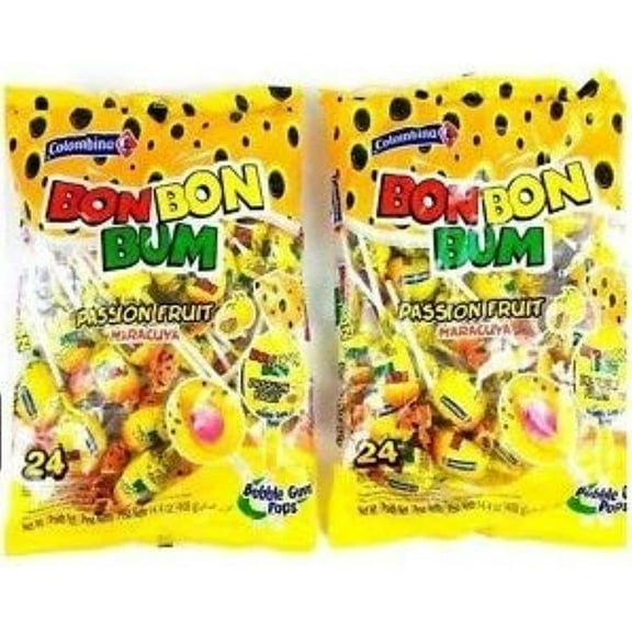 Colombina Bon Bon Bum Lollipops Passion Fruit 24 Lollipops Per Bag 2 Pack