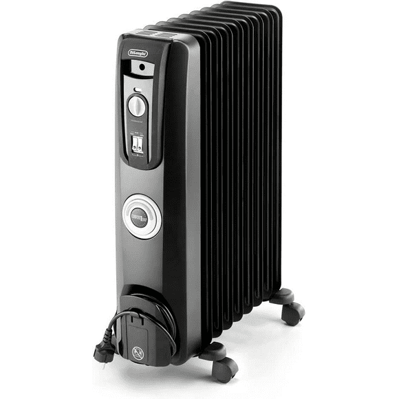 DeLonghi Oil-Filled Radiator Space Heater, Quiet 1500W, Adjustable Thermostat, 3 Heat Settings, Energy Saving, Safety Features, Black, Comfort Temp EW7707CBCA
