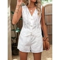 thumbnail image 4 of Floral Eyelet Embroidered Sets for Women 2 Piece Summer Shorts Button Down Vest Dressy Causal Vacation Set White M, 4 of 7