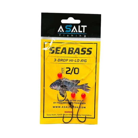 Sea Bass Fishing Rigs 3-Drop Hi-Lo Size 2/0 Baitholder Hooks