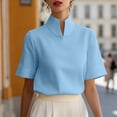 thumbnail image 6 of Yrmaups Loose Fit Short Sleeve Blouse for Women Plus Size, Elegant High Neck Top, Soft Stretch Tee for Business Work Office Daily Wear, Blue 2XL, 6 of 7