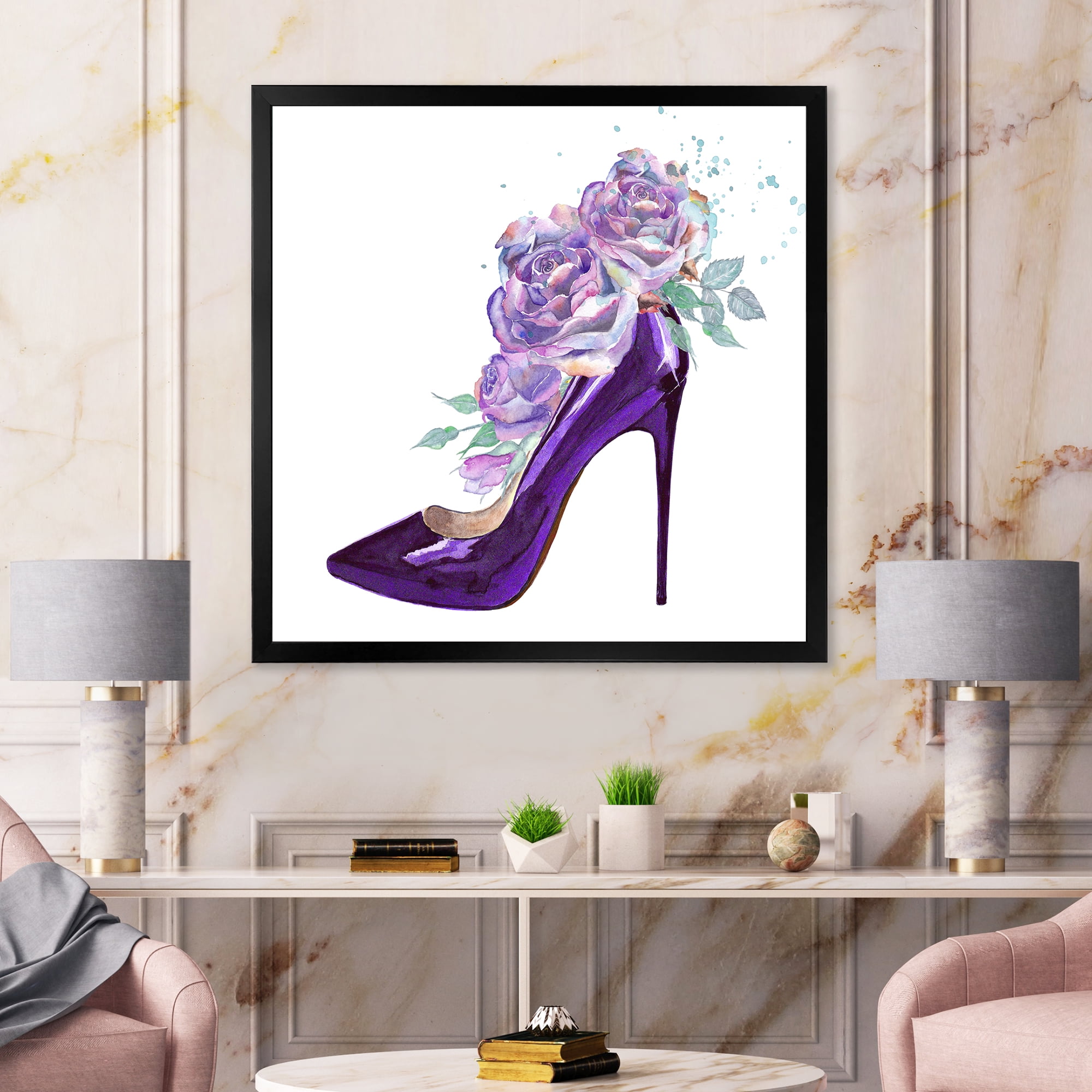 Designart 'Pink VIolet Roses With Dark Purple Stiletto Shoe' Traditional Framed Art Print