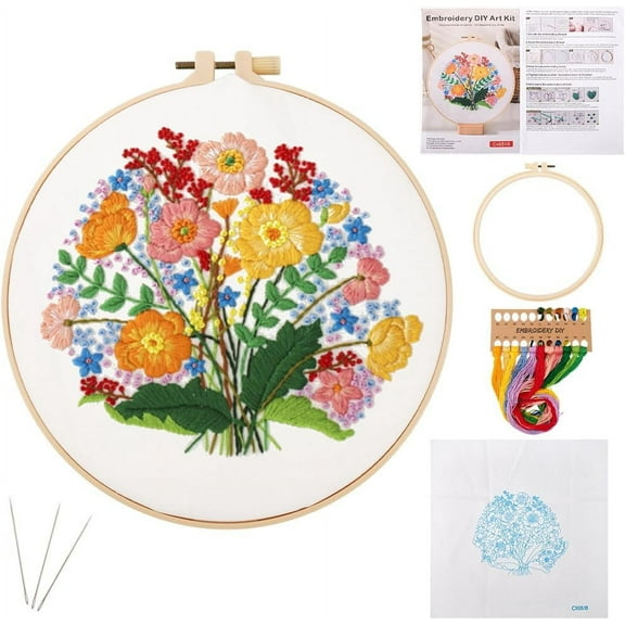 Flower Embroidery Stitch Practice Kit Pattern Stamped Embroidery Kit for Beginners Art Craft Starter Set Hand with Instruction Needles Cotton Fabricand Hoops Thread