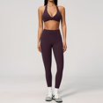 thumbnail image 2 of Telankuip Womens 2 Piece Workout Gym Outfits Tummy Control High Waist Stretch Seamless Tight Leggings Matching Sleeveless Deep V-Neck Halter Yoga Bra with Padded Casual Sports Sets 2-Dark Purple XL, 2 of 5