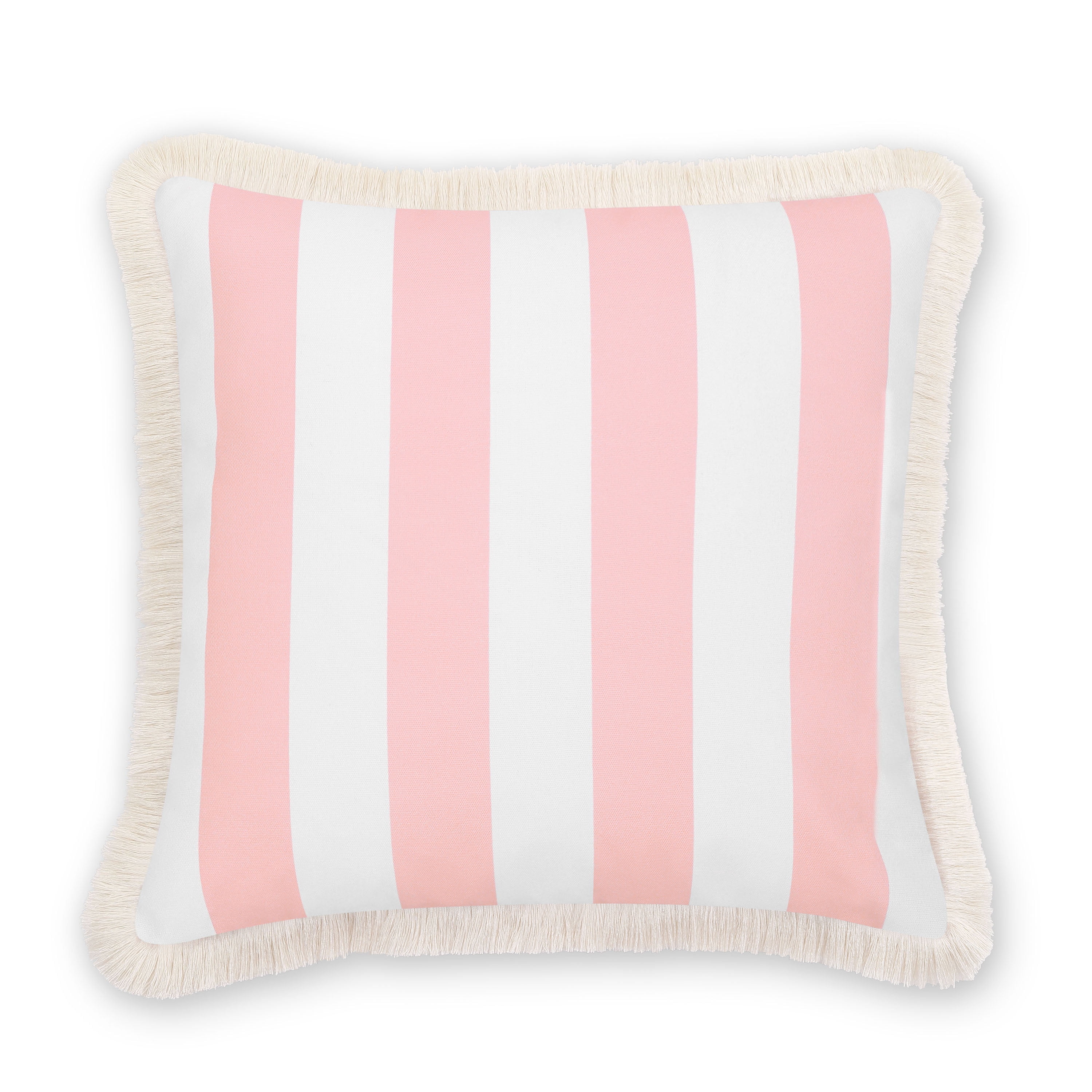 Hofdeco Premium Coastal Patio Indoor Outdoor Pillow Cover Only, 20"x20" Water Repellent for Backyard, Couch, Blush Pink Stripe Fringe