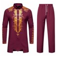 thumbnail image 3 of Conjunto de 2 piezas para hombre, traje africano, camisa dashiki de manga larga y pantalón, conjunto de ropa étnica informal con estampado dorado, ropa de calle tradicional, 3 of 5