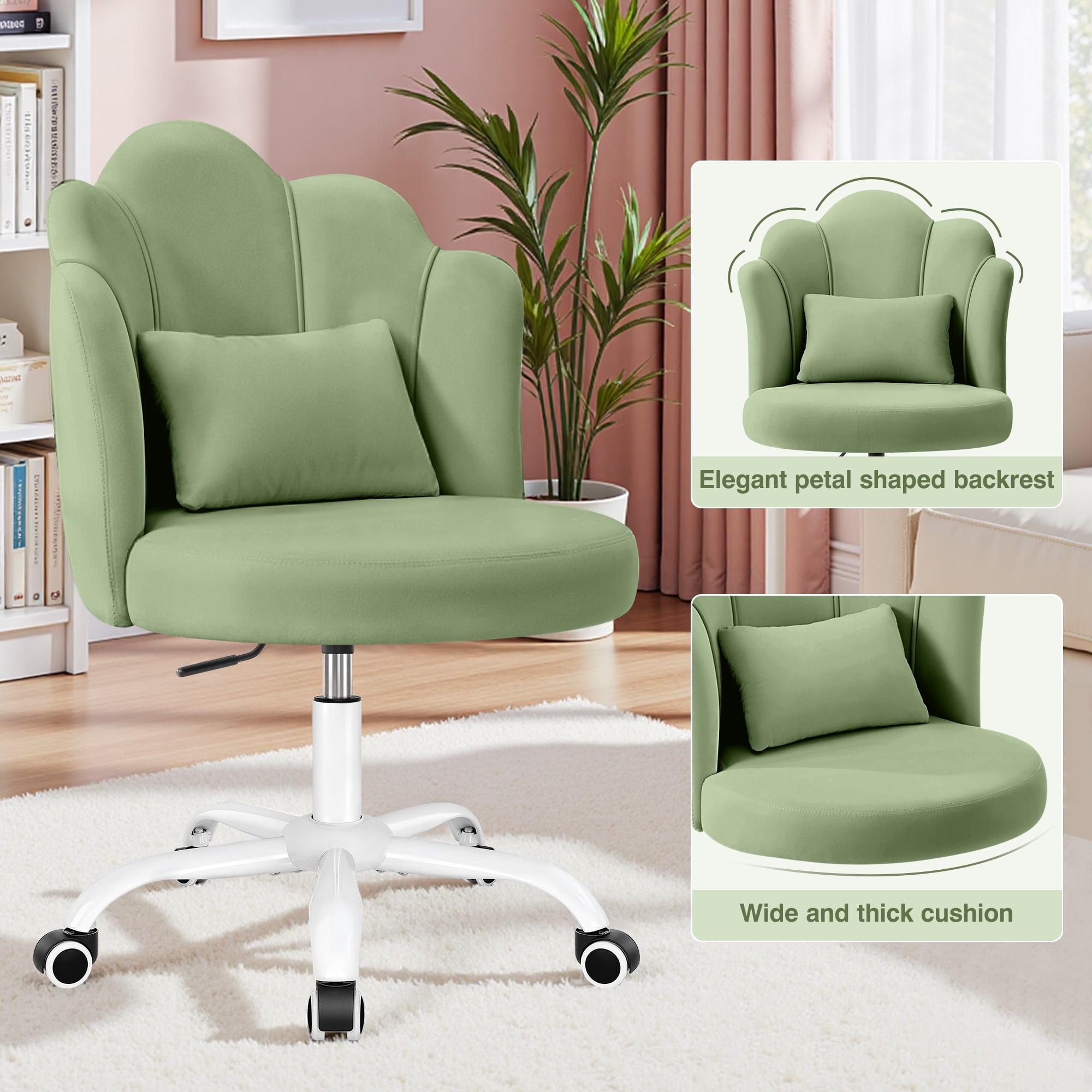 COOLHUT Vanity Chair, Velvet Petal Vanity Makeup Chair with Lumber Support, Home Office Desk Chair with Wheels, Height Adjustable Computer Work Chair for Bedroom, Living Room, Green