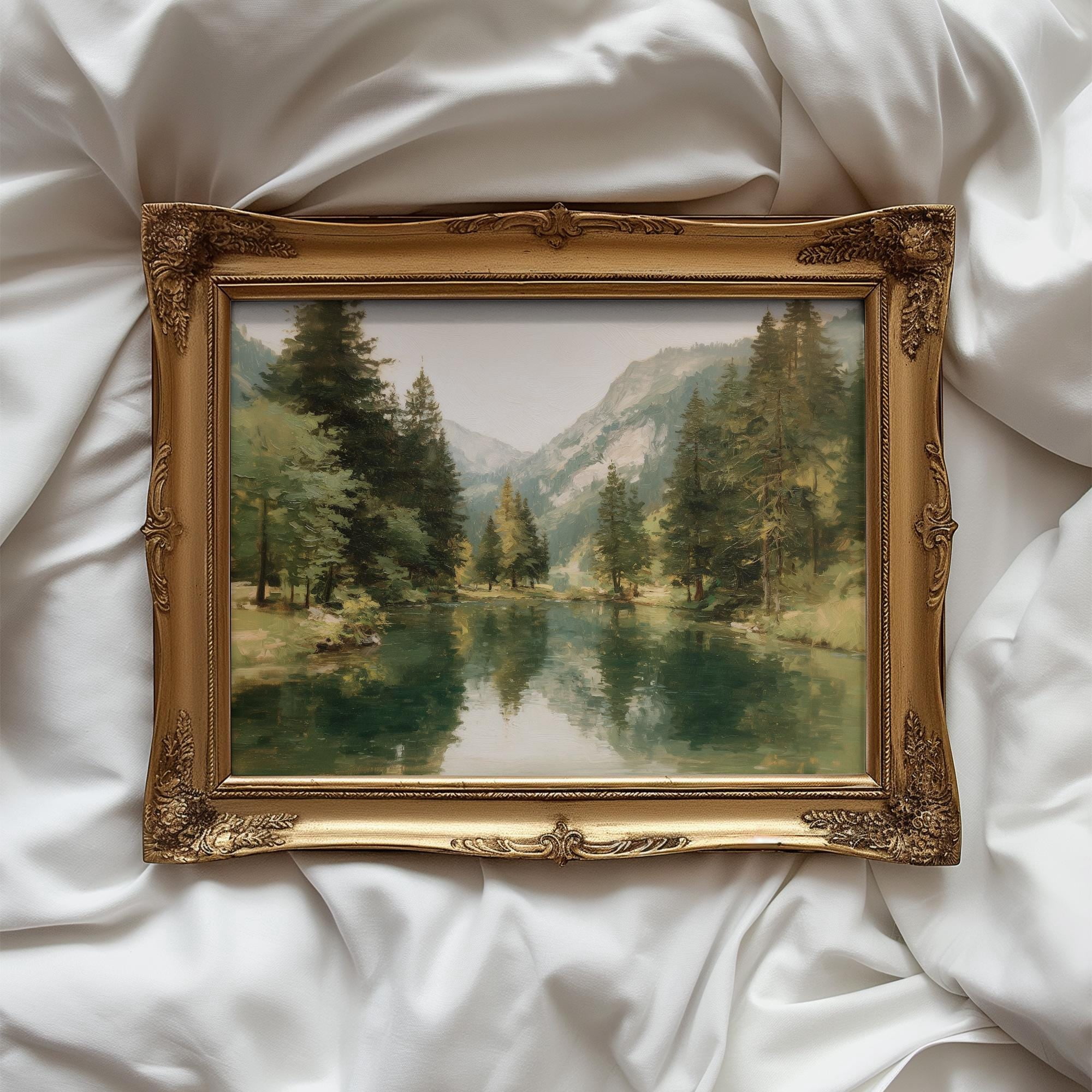 Peaceful Forest Lake Painting Poster Green Landscape Farmhouse Wall Art Rustic Nature Illustration Poster Print Only