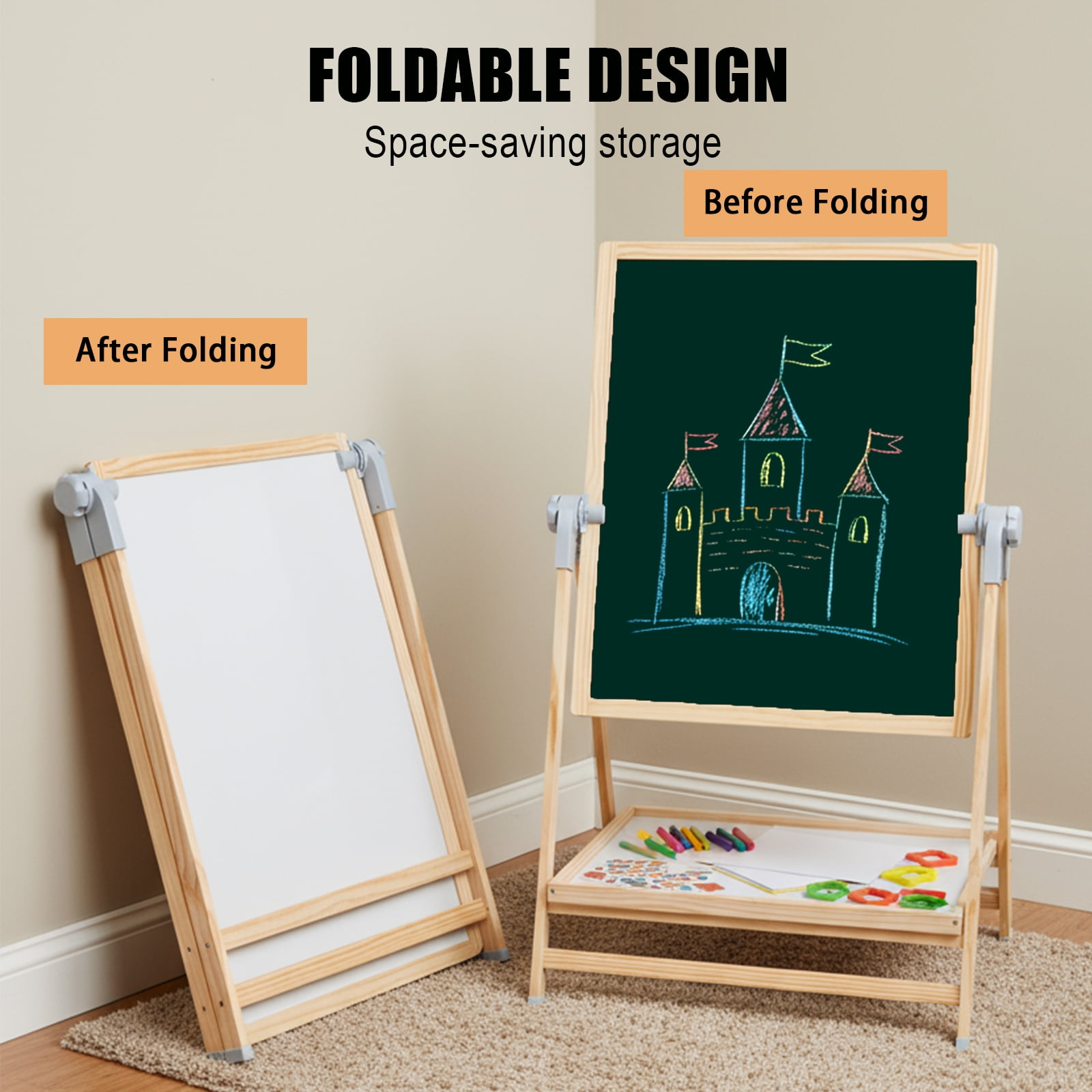 Jacgood Art Easel for Kids, Adjustable Double Side Art Drawing Standing Dry Erase & Chalkboard for Boy & Girls , Adjustable Height, Wooden Gift & Art Supplies