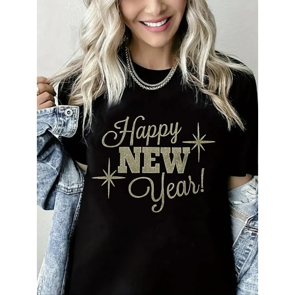 Crewneck Tshirt Happy New Year Print Pure Cotton Short Sleeve Shirt for Women