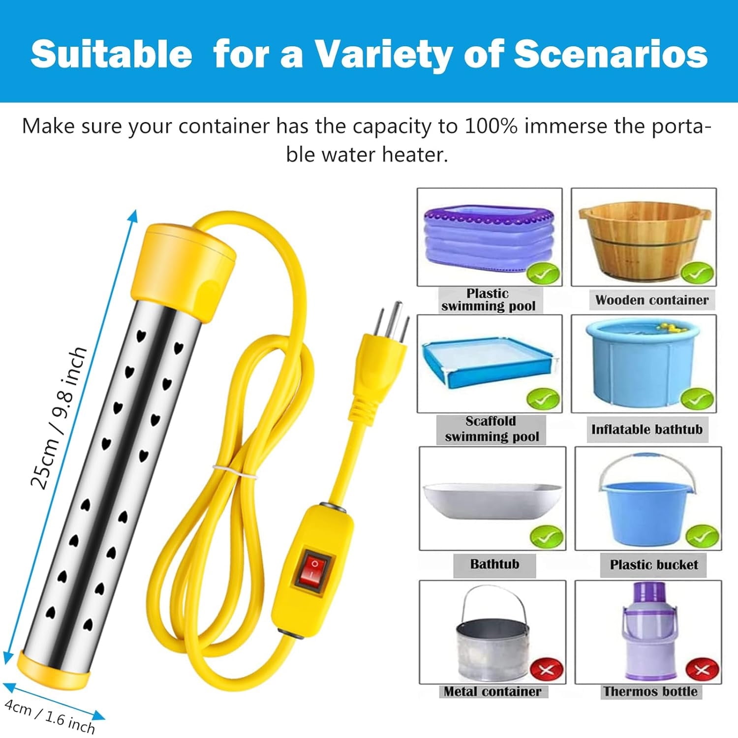 Immersion Water Heater, Portable Bucket Heater with Switch + Temperature Control, 304 Stainless Steel Anti-scalding, Submersible Water Heater Bathtub Heats up to 5 gallons of Water in Minutes