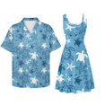 thumbnail image 2 of Jiueut Blue Turtle Starfish Pattern Hawaii Couple Matching Outfits Men's Hawaiian Button Down Shirt or Women's Sleeveless Summer Dress Beach Luau Party Clothes for Husband Wife, Size 2XL, 2 of 5