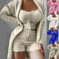 thumbnail image 4 of Fleece Warm Loungewear for Women Solid Fuzzy Casual Pajamas Lounge Sets 3PC Cardigans, Cropped Tops and Shorts Suits for Winter, 4 of 5
