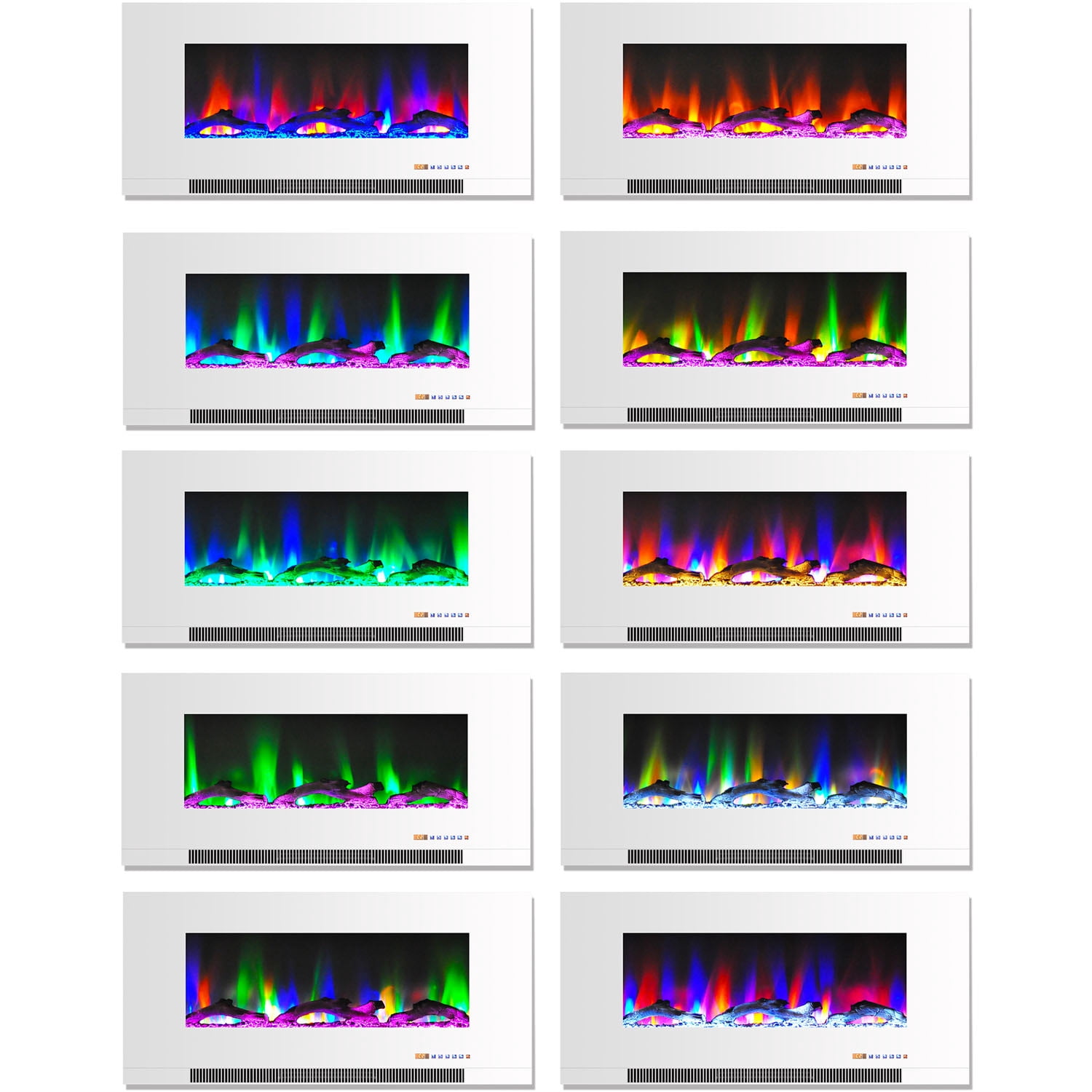 Hanover 42 In. Wall-Mount Electric Fireplace in White with Multi-Color Flames and Driftwood Log Display