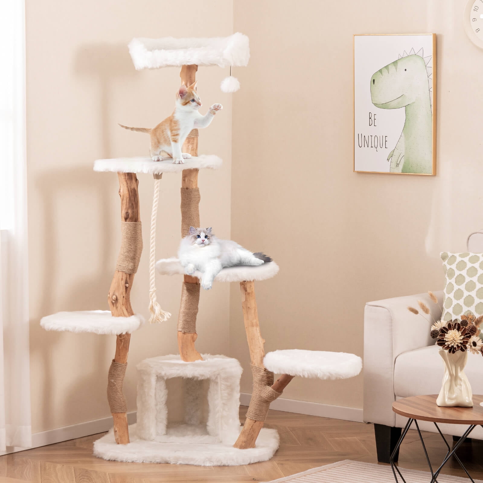 Infans 66" Tall Solid Wood Cat Tree w/ Perch Condo Jute Scratching Posts Sisal Rope