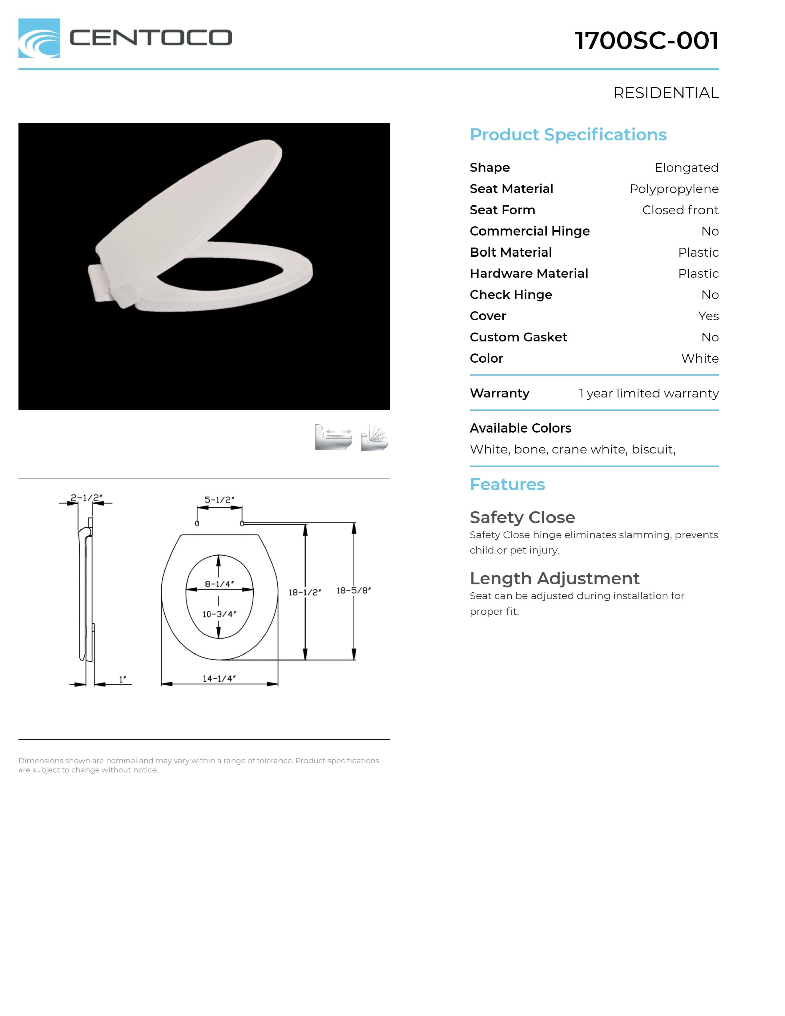 Centoco 1700SC-416 Elongated Plastic Toilet Seat with Safety Close, Biscuit