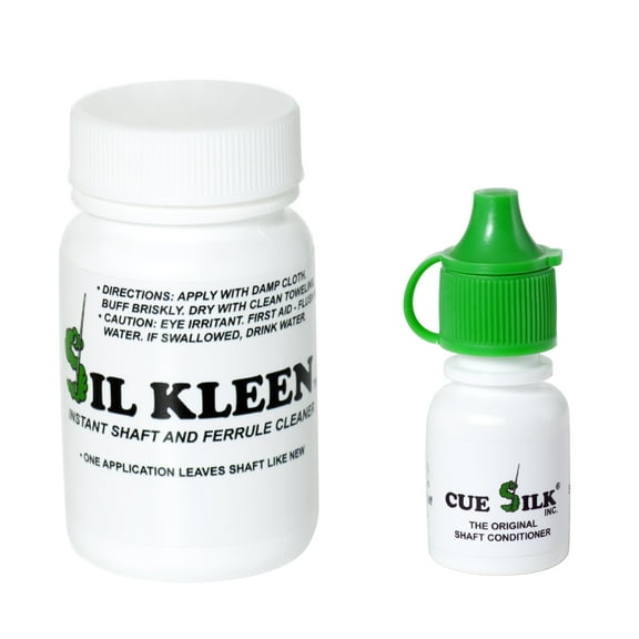 Cue Silk Bundle of 2 items: Sil Kleen Dry Powder Pool Cue Shaft and Ferrule Cleaner 1 oz Bottle and Cue Silk Pool Cue Shaft Conditioner ¼ oz Bottle