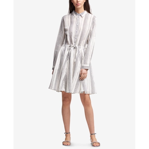 DKNY Striped Drawstring Waist Shirtdress Ivoryink XL