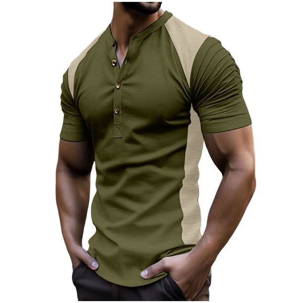 Tops para hombre, blusas y camisas de manga corta con cuello redondo para hombre, blusa informal con botones y cuello redondo de color liso para hombre.