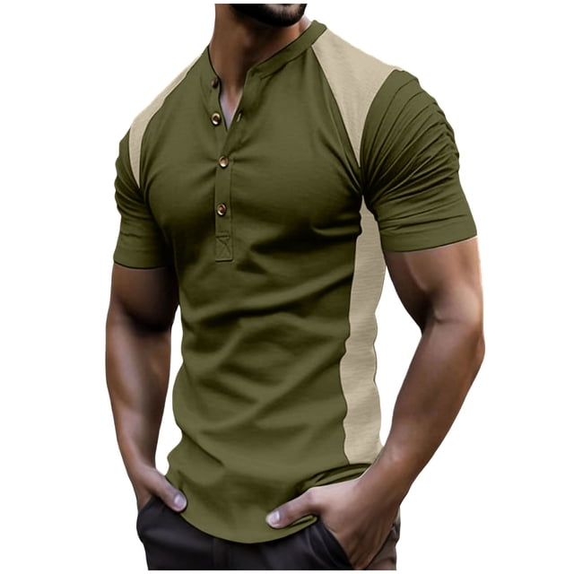Tops para hombre, blusas y camisas de manga corta con cuello redondo para hombre, blusa informal con botones y cuello redondo de color liso para hombre.