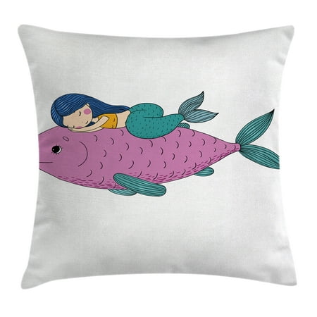 Mermaid Throw Pillow Cushion Cover, Baby Mermaid Sleeping on Top Giant Fish Happy Best Friends Kids Nursery Theme, Decorative Square Accent Pillow Case, 16 X 16 Inches, Purple Teal, by